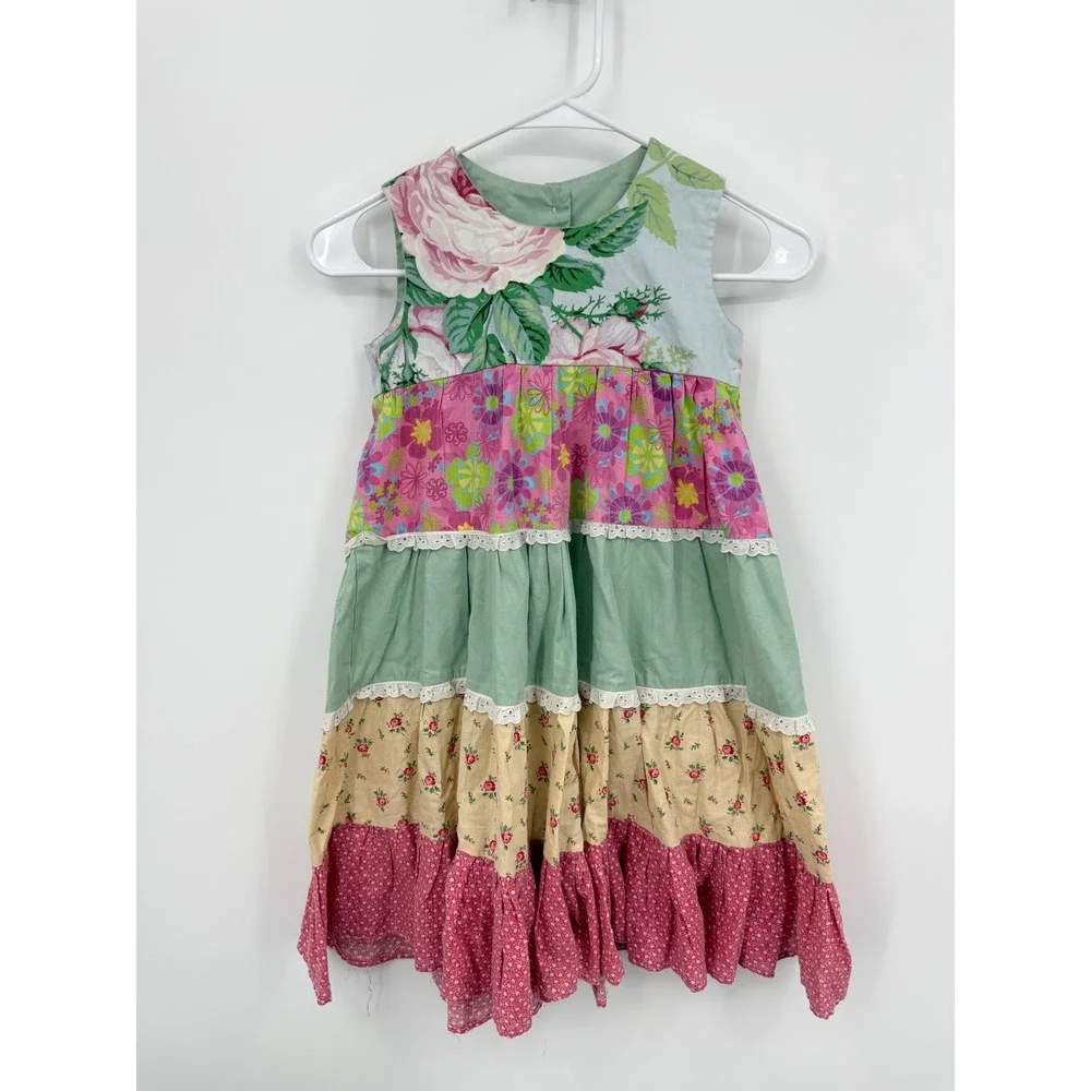 Handmade Floral Patchwork Tiered Dress Kids 6 Multi-Color Eyelet‎ Lace Trim